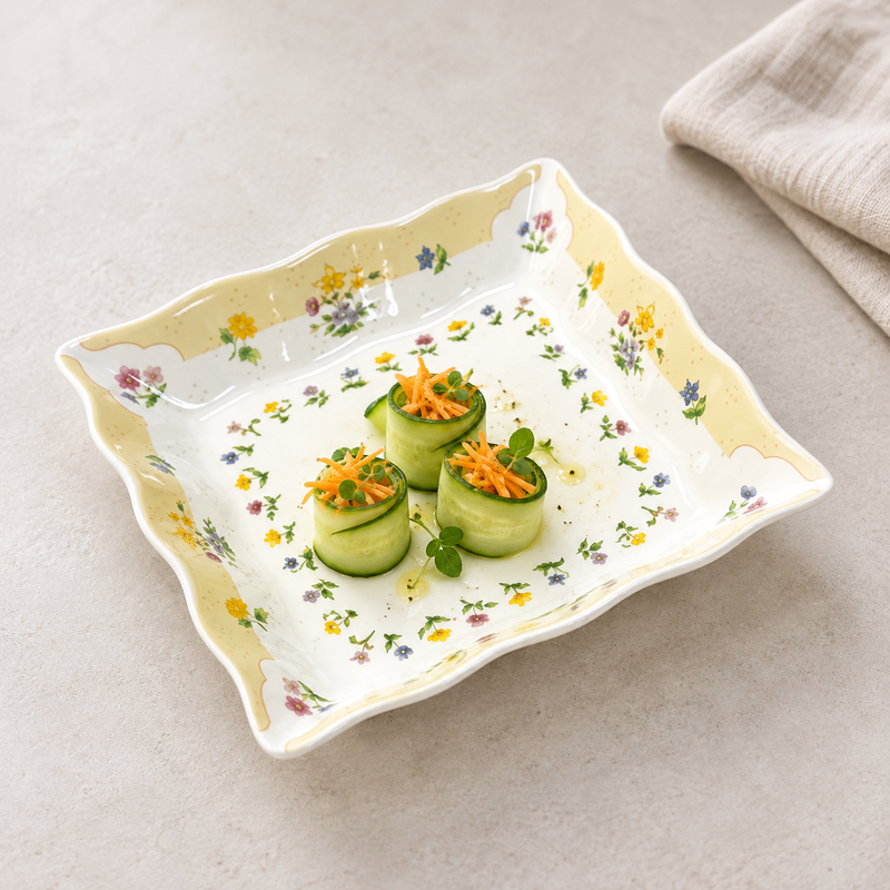 One plate from the FP-09 four-piece yellow floral set with cucumber appetizers