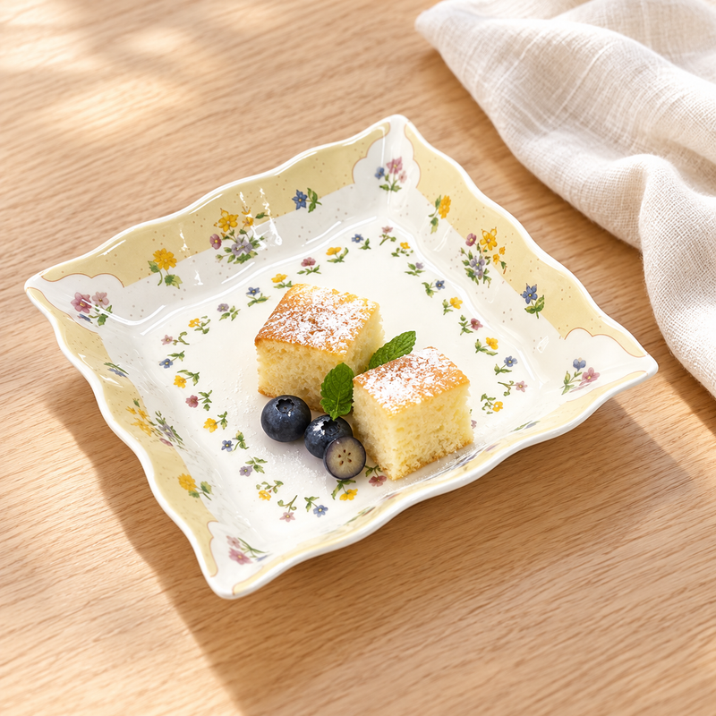 One plate from the FP-09 four-piece yellow floral set with sponge cake and blueberries