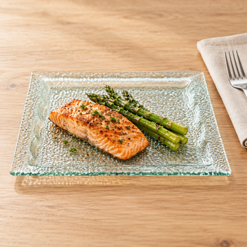 GH-21 transparent textured square glass plate serving salmon and asparagus in daylight