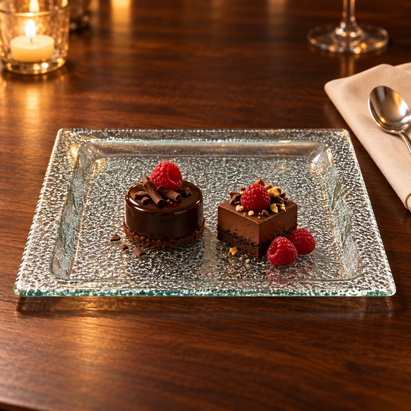 GH-21 transparent textured square glass plate with petite chocolate desserts and raspberries