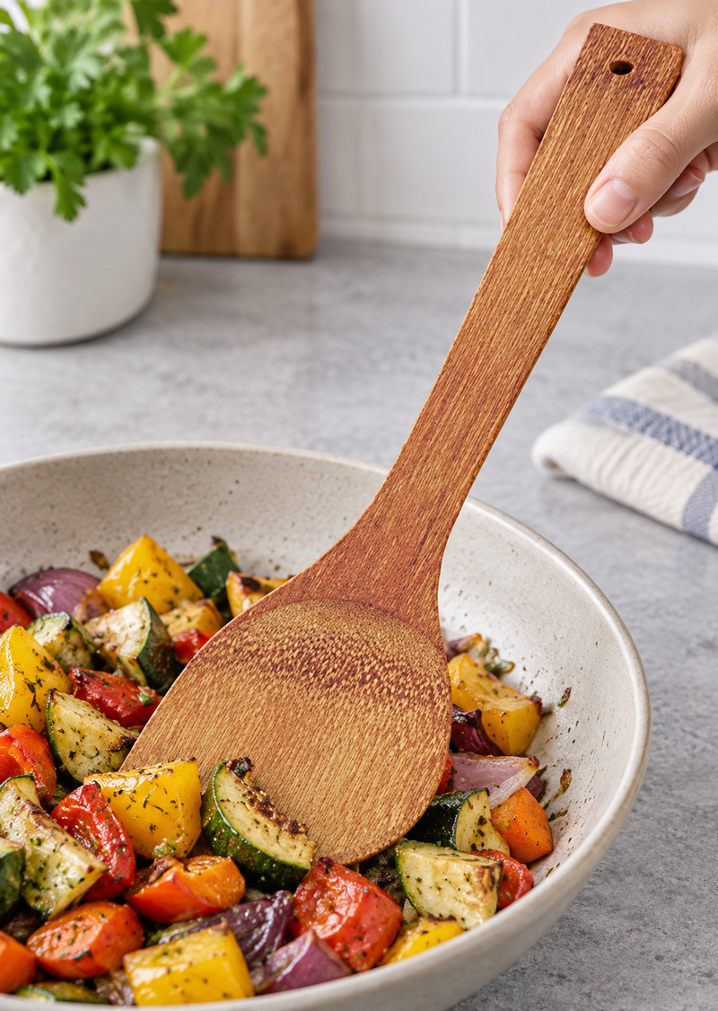H38 spatula folding vegetables in a separate bowl