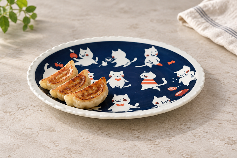 Scalloped navy cat plate with three gyoza and orange-accented cat illustrations