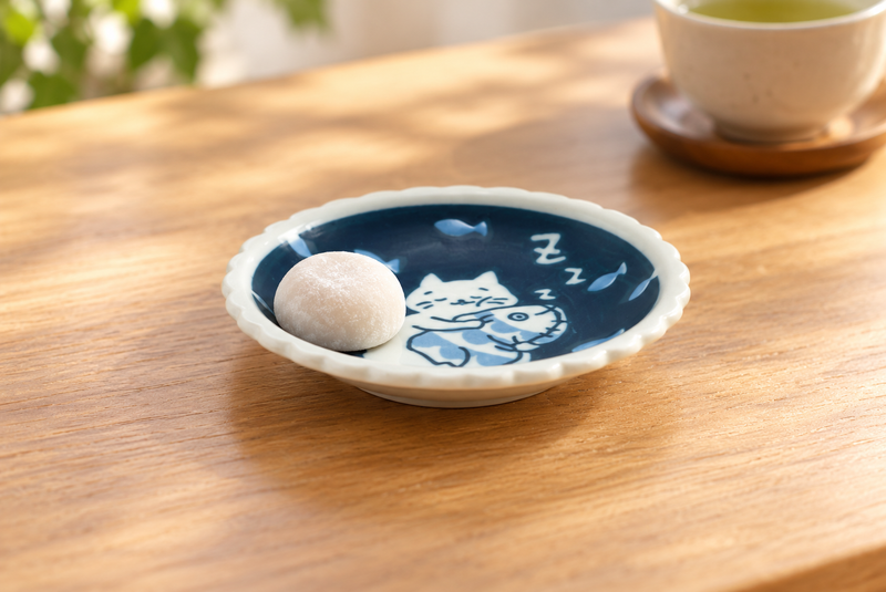 Small scalloped cat and fish dish with one petite mochi on a wooden tea table