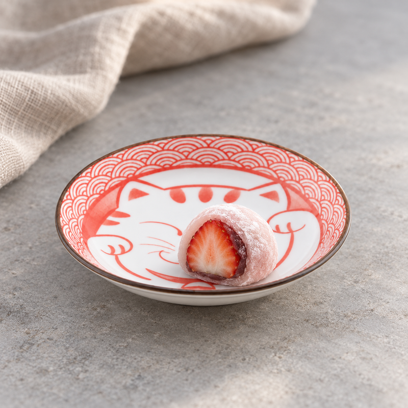 Red Lucky Cat small dish with strawberry mochi