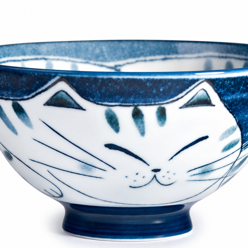 Close view of the smiling blue-and-white cat face, blue rim and foot on HB54-CB.