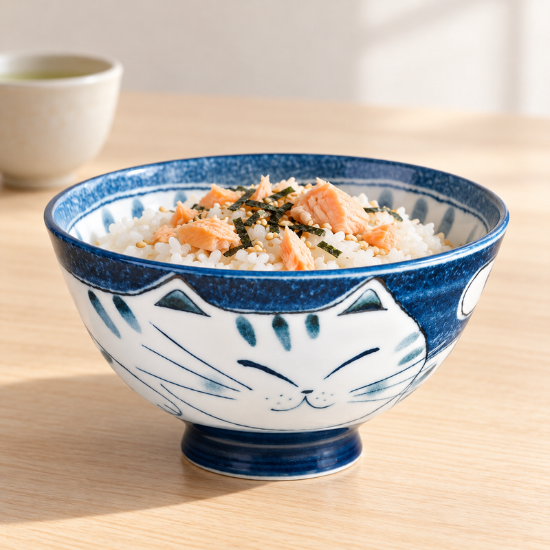 HB54-CB blue cat rice bowl holding salmon rice and nori on a light wooden table.