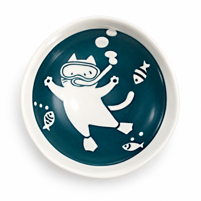 Overhead view of HB54-DV showing a white diving cat, fish and bubbles on teal.