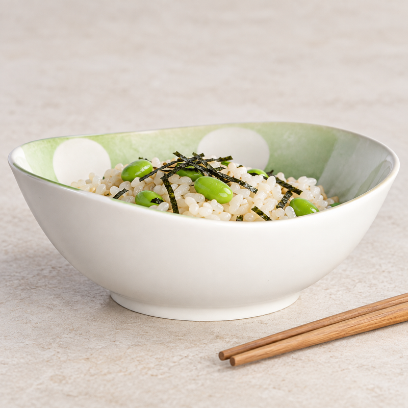 HB54-GC ceramic side bowl with edamame rice and nori beside wooden chopsticks.