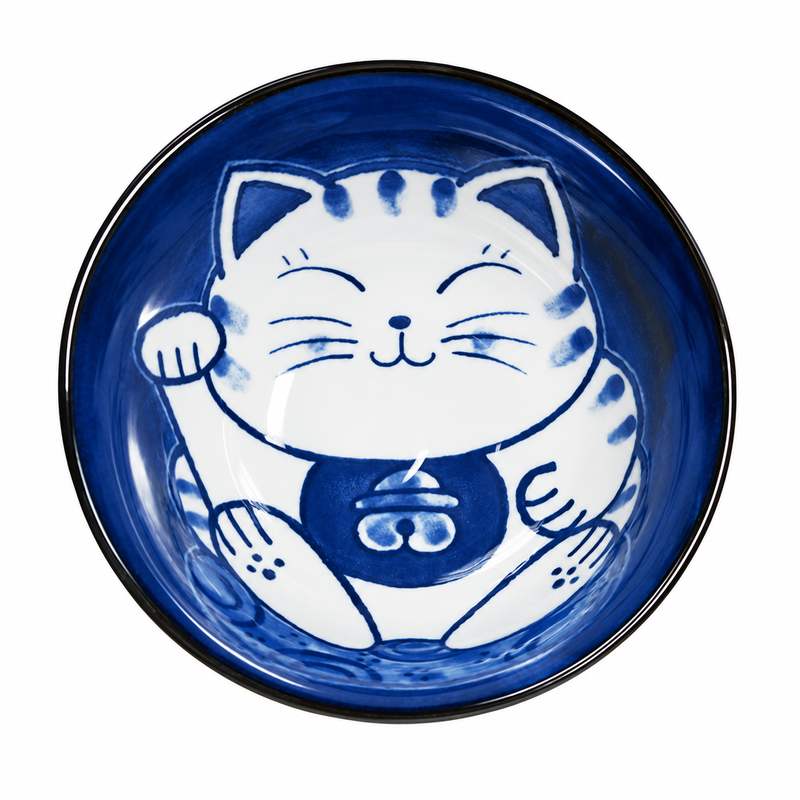 Blue-and-white cat illustration with a raised paw inside HB56-CT1 ceramic bowl.