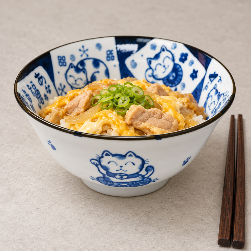 HB56-CT3 cat-panel bowl filled with chicken-and-egg rice and sliced scallions beside wooden chopsticks.