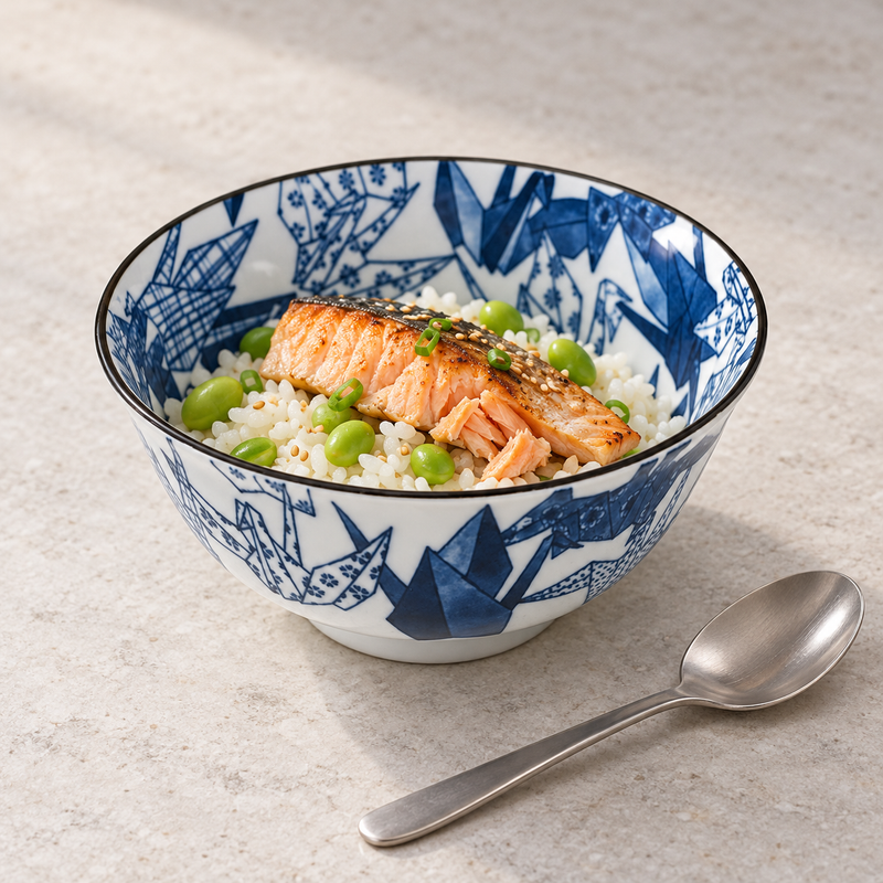 Blue origami-crane bowl with rice, a browned fish topping and green garnish beside a spoon.