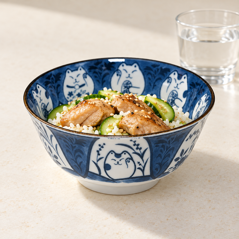 Blue-and-white HB56-CT5 lucky-cat bowl holding rice with browned topping, green vegetables and sesame on a pale table.