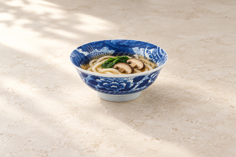 Blue fish-and-flower bowl holding noodles in broth with pale toppings and green garnish on a light tabletop.