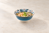 Blue mottled bowl with shrimp udon