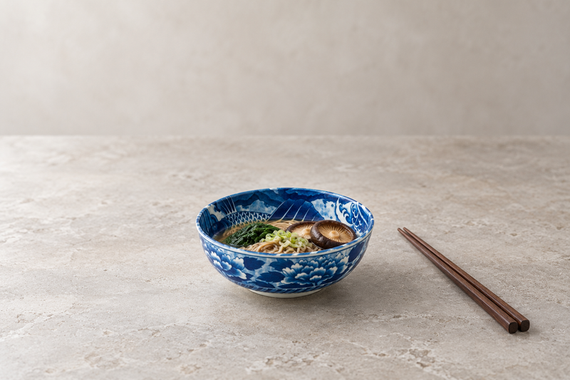 Soba noodle serving suggestion with mushrooms and greens in the blue fish-and-flower bowl, with a spoon and chopsticks.