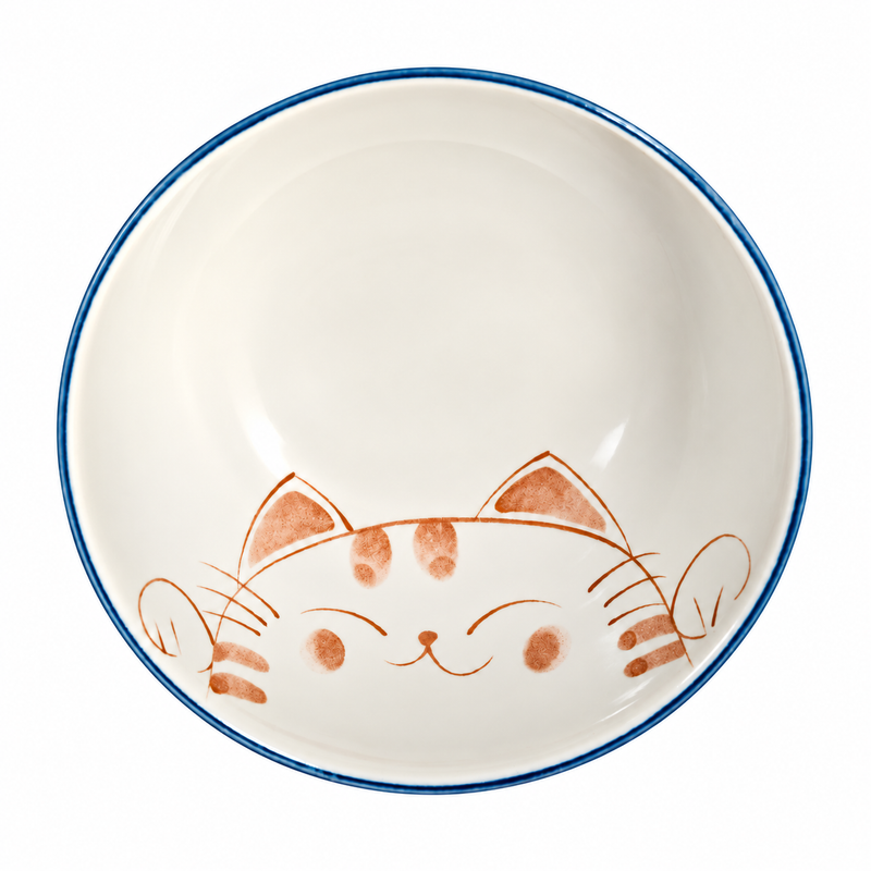 Overhead view of the cream-white bowl with a fine blue rim and an orange-brown smiling cat face inside.