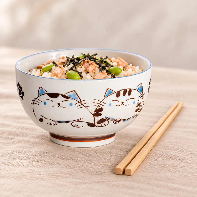 Cat-decorated ceramic bowl holding rice with salmon, greens and seaweed beside natural-tone chopsticks.