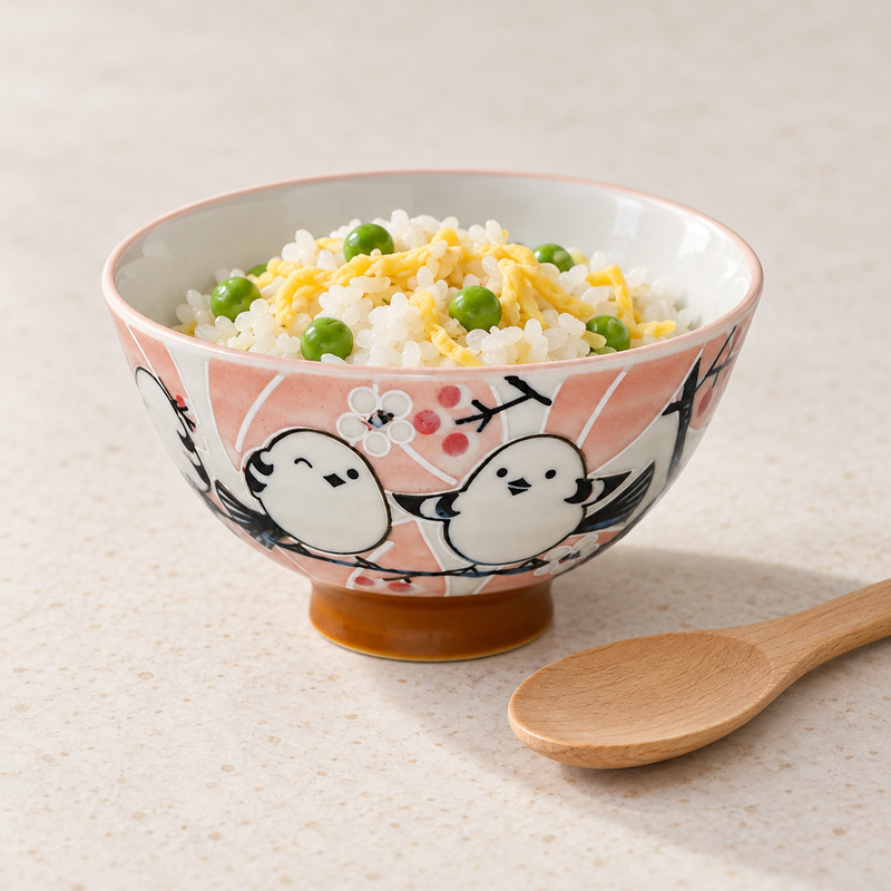 Pink sparrow bowl filled with white rice, yellow topping and green garnish beside a wooden spoon.