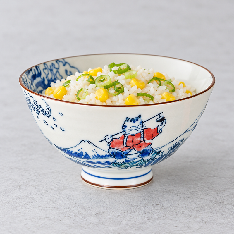 4½ in Fishing-Cat Ceramic Rice Bowl, 10 oz — HK54-MK
