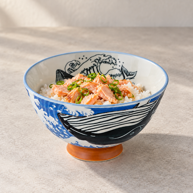 4½ in Whale & Wave Ceramic Rice Bowl, 10 oz — HK54-WH