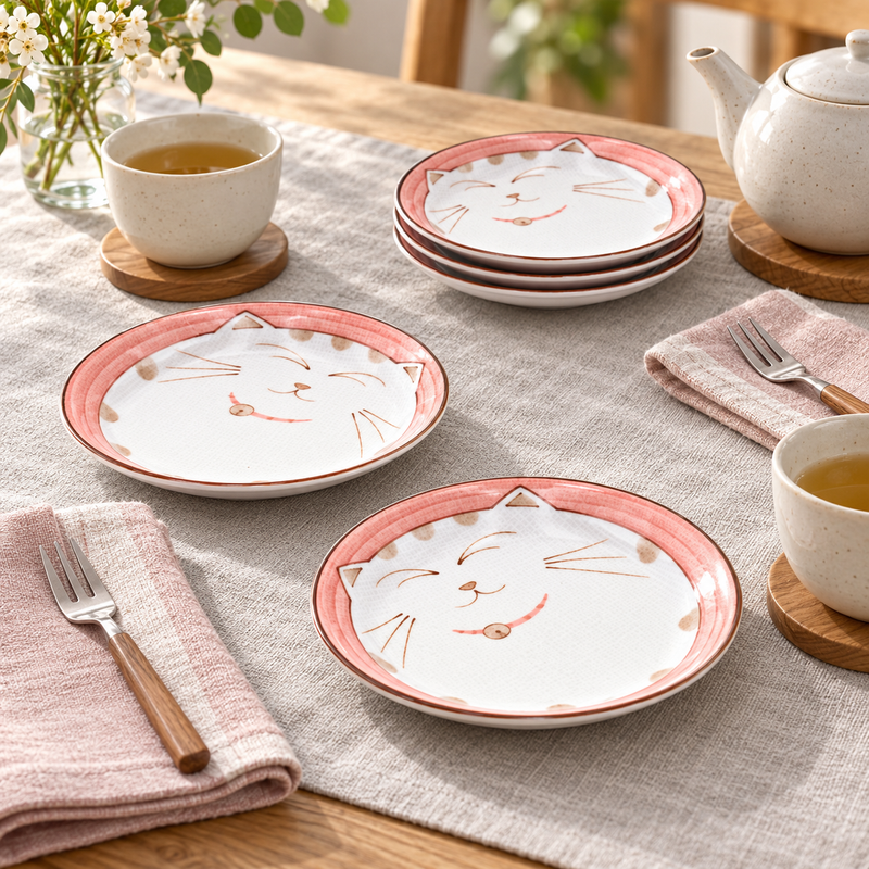 Five HS5-P pink cat plates arranged for tea with two place settings and a stack of three plates