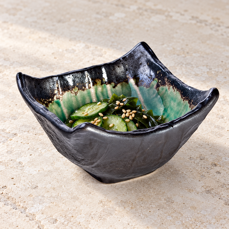 4 in Shinkai Green Ceramic Square Bowl, 5 oz — HS53-FG