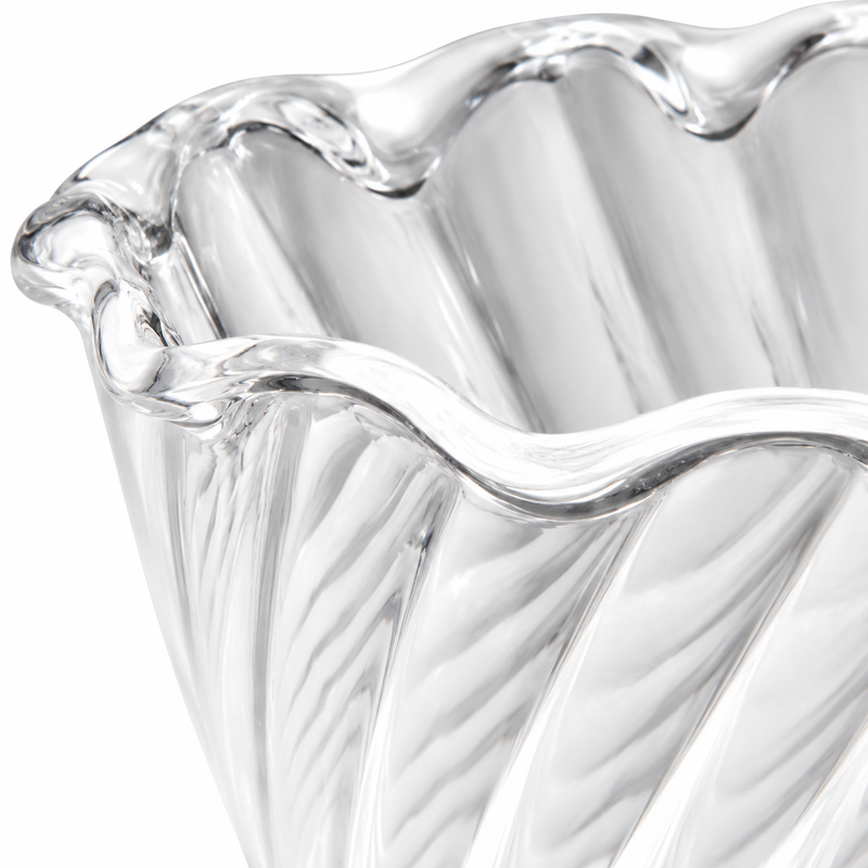 Spiral fluting and scalloped rim of the clear ICC-5C dessert dish