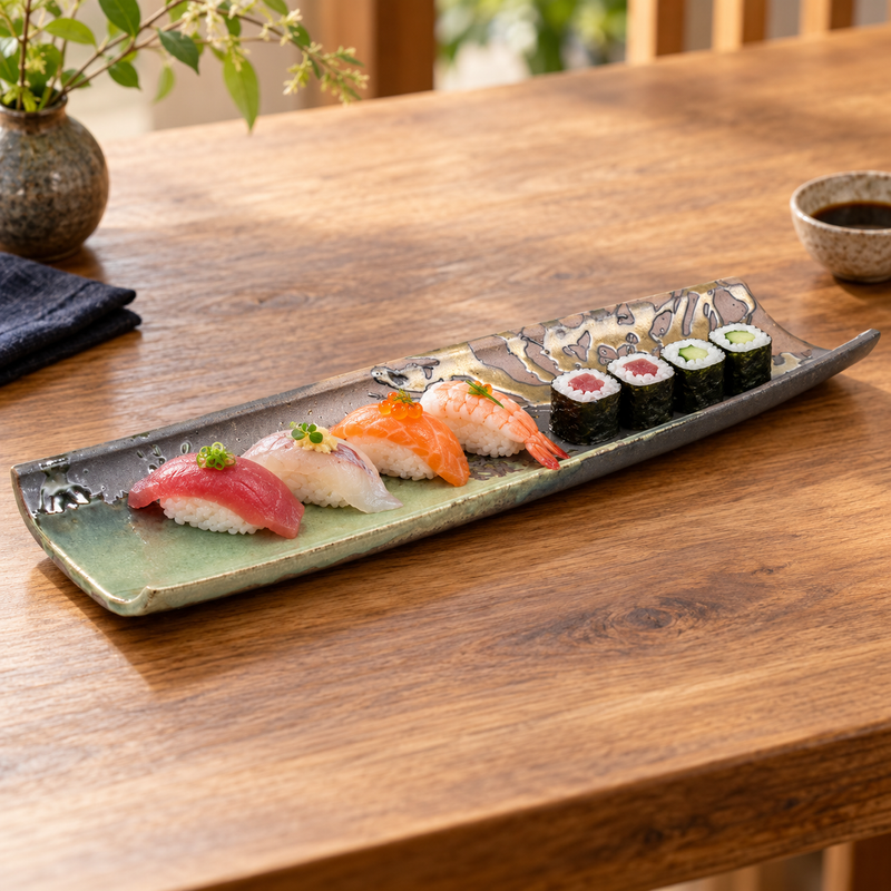 IM415-IK with a modest sushi arrangement on a wood tabletop