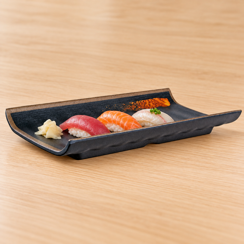 IT-27017G raised-edge rectangular melamine plate with three nigiri