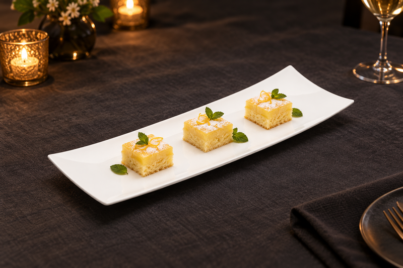 White J6666 porcelain platter with three petite lemon cakes