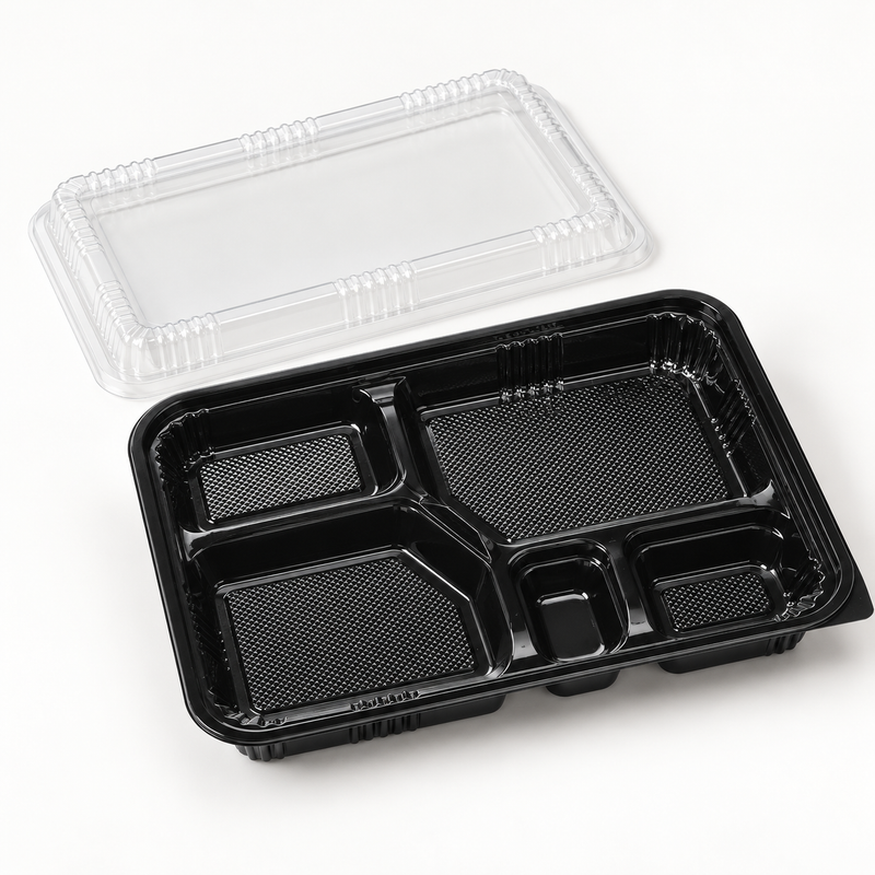 J-8306-2 black five-compartment bento tray and clear lid from an elevated angle