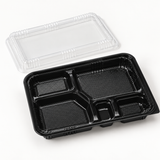 J-8306-2 black five-compartment bento tray and clear lid from an elevated angle