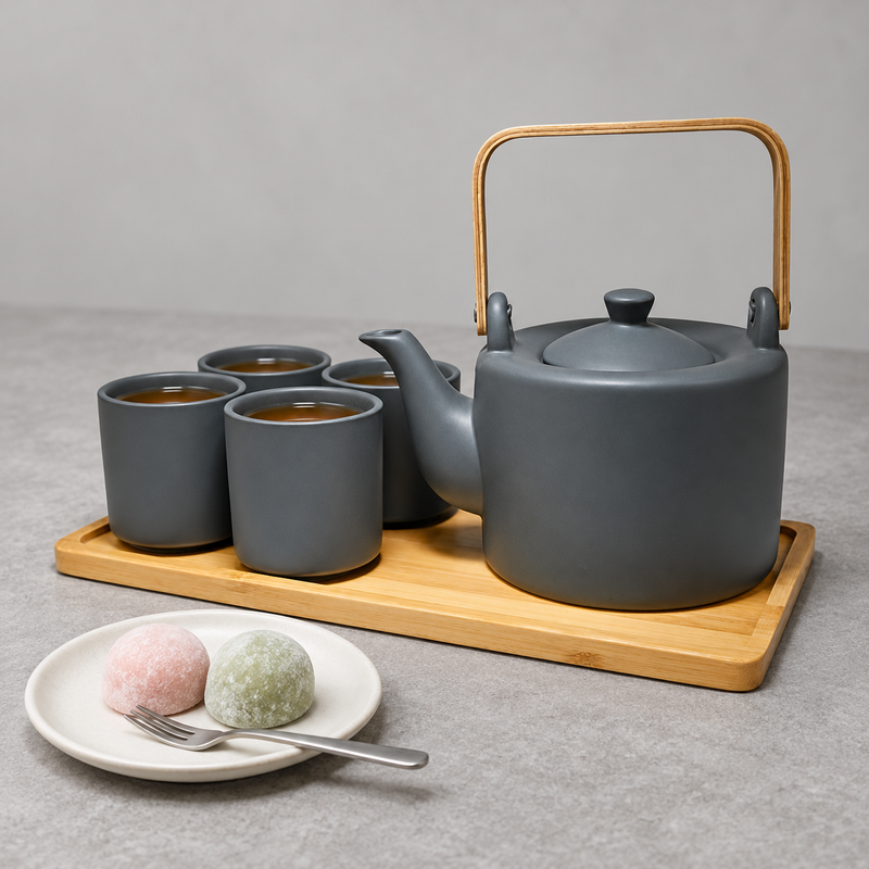 JHS6-BK tea set with four filled cups and a separate plate of two mochi sweets and a fork.