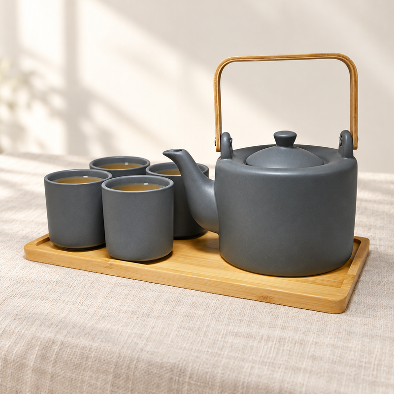 JHS6-BK tea set with tea in four cups on its tray, shown on a linen table.
