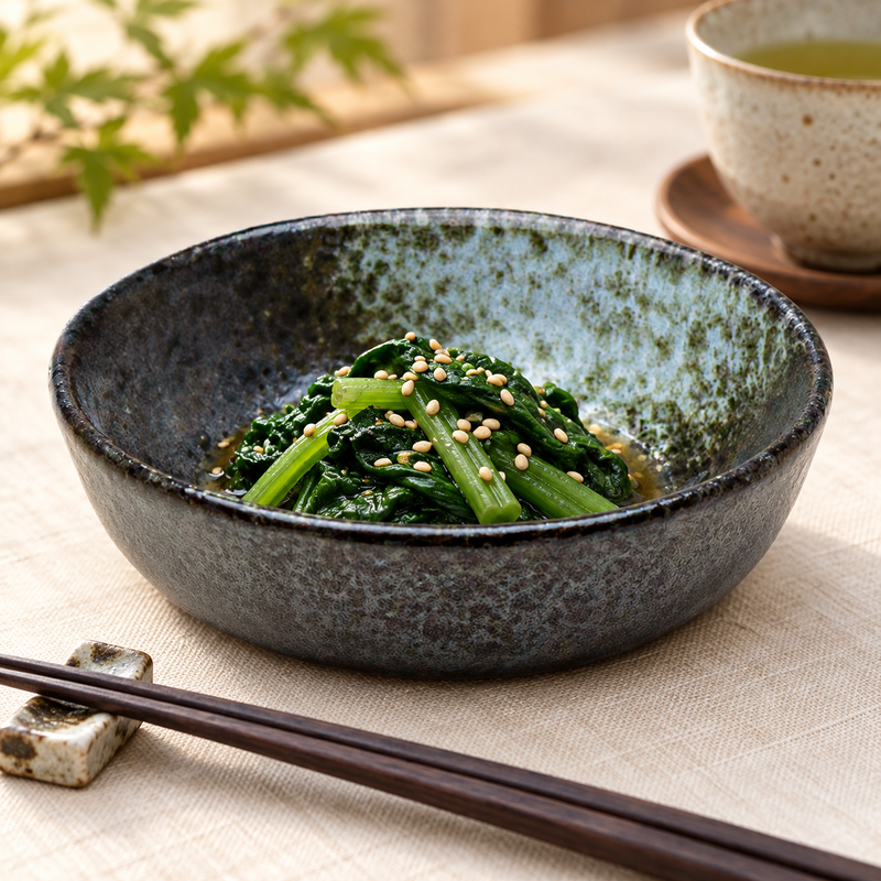 The JX-26-B shallow Black Oribe bowl holding greens topped with sesame seeds, with separate tea and chopsticks nearby.
