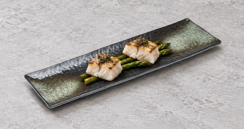 JX-47-B: 20"X6.25" Rectangular Porcelain Platter, Black Oribe. food-service context