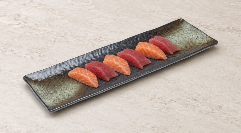 JX-47-B: 20"X6.25" Rectangular Porcelain Platter, Black Oribe. Restaurant serving context