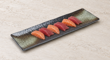 JX-47-B: 20"X6.25" Rectangular Porcelain Platter, Black Oribe. Restaurant serving context