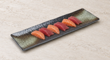 JX-47-B: 20"X6.25" Rectangular Porcelain Platter, Black Oribe. Restaurant serving context