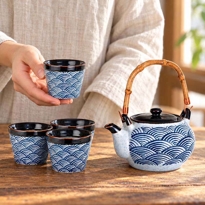 One JX10-SG wave-pattern cup held beside the teapot and remaining cups