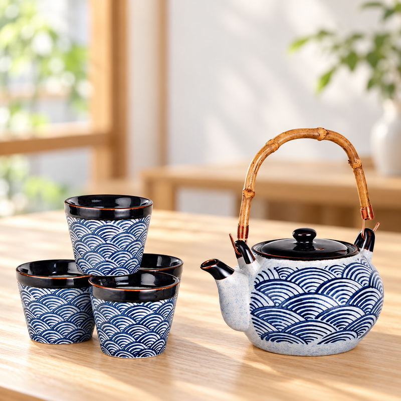 JX10-SG wave-pattern teapot and four cups on a tea table