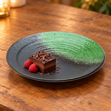 JX210-M black and green porcelain with a petite chocolate dessert
