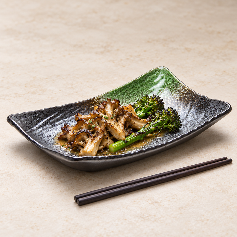 10.5"X6.5"X1.5"H Rectangular Porcelain Plate Deep, Black/Green. Alternative serving suggestion.