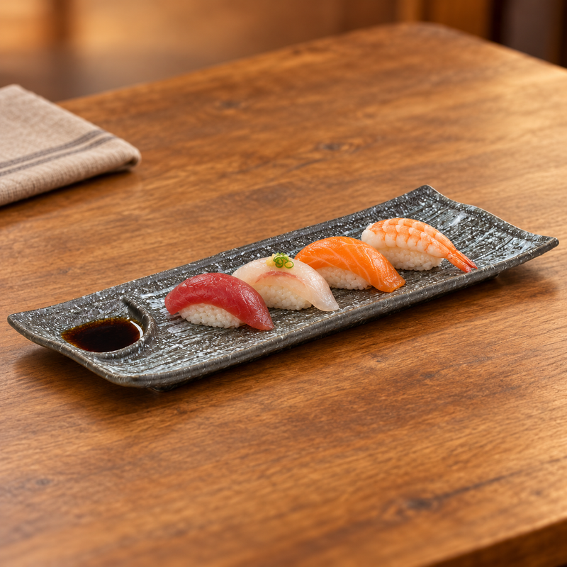 JX212-G rectangular gray plate with nigiri and soy sauce
