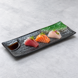 12.25"X4.75" Rectangular Porcelain Plate W/Divider, Black/Green. Serving suggestion.