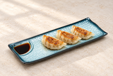 12.25"X4.75" Rectangular Porcelain Plate W/Divider, Reactive Glaze - Blue/Black. Serving suggestion.