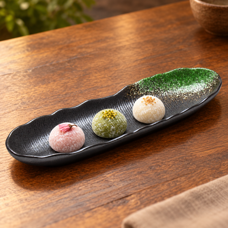 JX213-M black and green porcelain with three small mochi