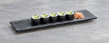 15"X5" Rectangular Porcelain Platter, Matte Black. Restaurant serving context.