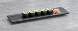 15"X5" Rectangular Porcelain Platter, Matte Black. Restaurant serving context.