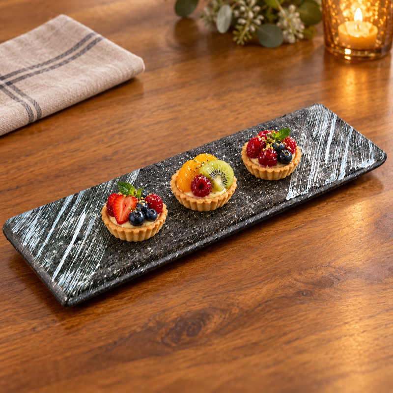 JX215-G rectangular gray plate with small fruit tartlets
